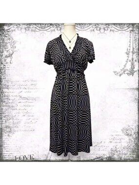 Black White Abstract Midi Dress Empire Waist Ruffle V Neck Stretchy Sleeve